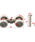 Heavy Duty 4 Wheel Stainless Steel Pocket Door Roller Set For Sliding Track Systems with dimensions marked.