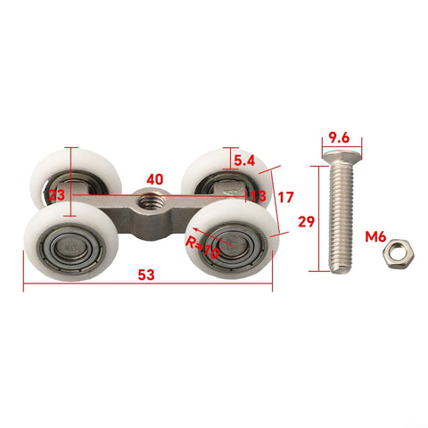 Heavy Duty 4 Wheel Stainless Steel Pocket Door Roller Set For Sliding Track Systems with dimensions marked.