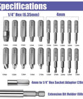 Specifications of 22Pcs Mini Damaged Screw Extractor Kit with sizes and adapter details for home and workshop projects.