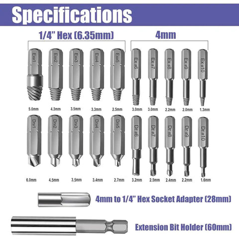 Specifications of 22Pcs Mini Damaged Screw Extractor Kit with sizes and adapter details for home and workshop projects.