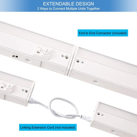 Under Cabinet LED Light Fixture 24 Inch, 14W, 985 Lumens, showing linkable design with connectors and optional extension cord