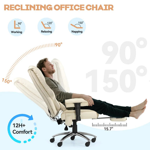 All Day Comfort Massage And Heated Office Chair With Foot Rest, showing reclining positions and user in relaxed pose