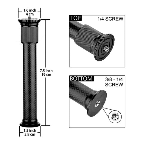 Pro Carbon Fiber Extension Rod For Camera Or Smartphone Two Section Telescopic Tripod Mast with visible connection screws.