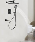 Shower System with Digital Temperature Display Handheld Nozzle 4.92ft Hose mounted on wall with overhead and handheld sprayer.