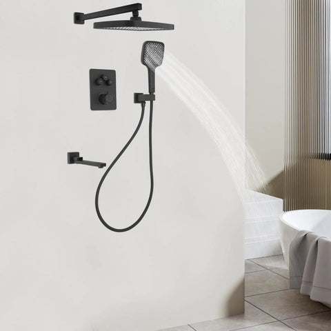 Shower System with Digital Temperature Display Handheld Nozzle 4.92ft Hose mounted on wall with overhead and handheld sprayer.