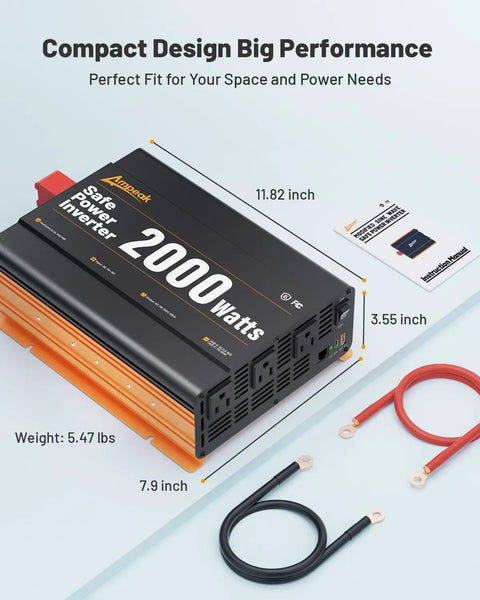Heavy Duty 2000 Watt DC To AC Inverter Converts 12 Volts No Fuss To 110 Volts With Quick Charge Ports, 11.82x3.55x7.9 inches, 5.47 lbs.