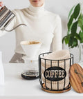Woman pouring coffee with Large Capacity Coffee Filter Holder With Lid, Pod Organizer For K Cups And Filters on countertop.