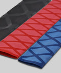 Heavy Duty Heat Shrink Wax Rod Wrap For Fishing Handles And Gear Featuring Fast Soft Shrink Action in black, red, and blue colors.