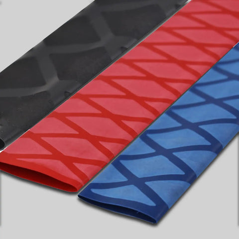 Heavy Duty Heat Shrink Wax Rod Wrap For Fishing Handles And Gear Featuring Fast Soft Shrink Action in black, red, and blue colors.