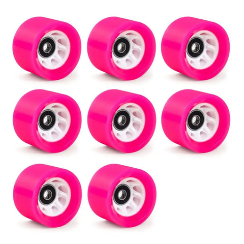 8 Pack 58x39mm Roller Skate Wheels With Bearings For Inline Skates And Skateboards, 90A 92A Hardness, Includes Spacers And Wrench, 608RS Bearings, Perfect For Outdoor Cruising In Light Purple, arranged in a 3x3 grid on a white background.