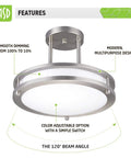 Cool Modern Steel Round Semi Flush Mount LED Ceiling Light Fixture, 12 Inch, 15W 120V, 1050 Lumen, Dimmable, Nickel Finish