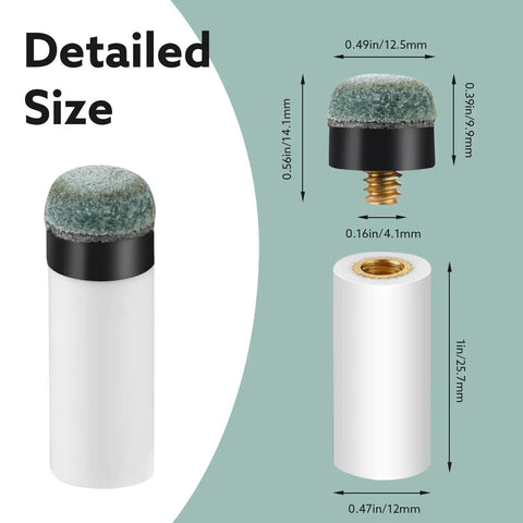 Detailed size view of Top Shelf Blue Pool Cue Tips Replacement Kit with genuine leather and plastic elements.