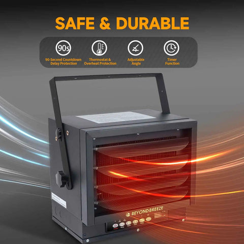Garage Heater 7500 Watt Digital Ceiling Mount With Full Function Remote 240 Volt Hardwired Heater And 12 Hour Timer Ideal For Shop Workshop Warehouse For Year Round Use showing safety features and heating elements.