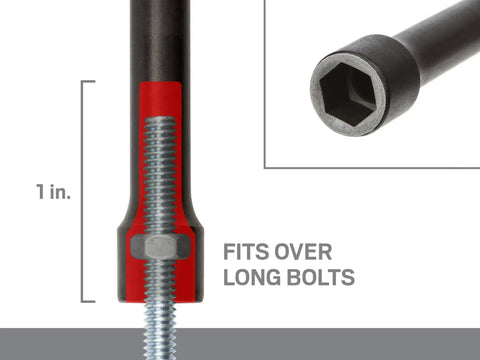 High Torque 8 mm Blade Nut Driver With Black Oxide Finish 6 Point Socket Opening showing long bolt fit
