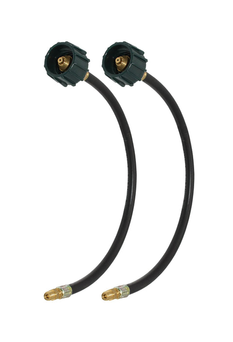 Propane pigtail hoses, two 18-inch, black with brass fittings and green ends, front view