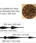 Beefy High Torque Clock Movement Kit With Long Shaft And 12 Inch Spade Hands shown with measurements and wood clock face.