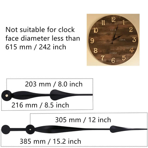 Beefy High Torque Clock Movement Kit With Long Shaft And 12 Inch Spade Hands shown with measurements and wood clock face.