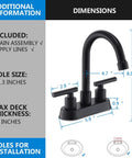 Matte Black Two Handle Bathroom Faucet For 4 Inch Centerset Sinks With Pop Up Drain And Water Supply Lines Made From 304 Stainless Steel Rust And Fingerprint Resistant Built To Last Easy Install No Fuss Vanity Fixture with dimensions and installation guide.