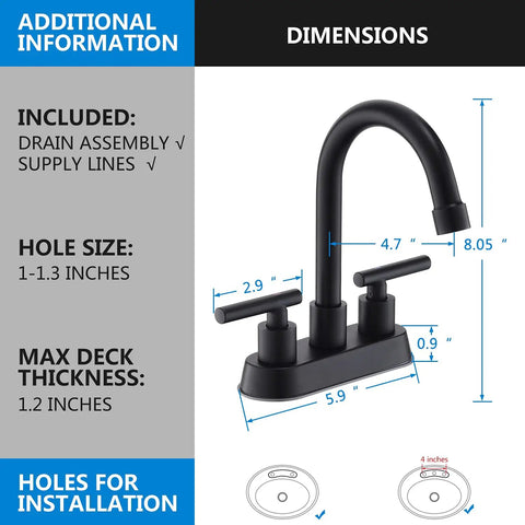 Matte Black Two Handle Bathroom Faucet For 4 Inch Centerset Sinks With Pop Up Drain And Water Supply Lines Made From 304 Stainless Steel Rust And Fingerprint Resistant Built To Last Easy Install No Fuss Vanity Fixture with dimensions and installation guide.