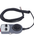 Electronic CNC Handwheel Controller with emergency stop, ABS handwheel for precise 0-5 kHz feedback, coiled cable visible
