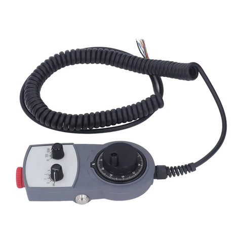 Electronic CNC Handwheel Controller with emergency stop, ABS handwheel for precise 0-5 kHz feedback, coiled cable visible