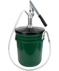 Front view of a lever-action bucket pump for 5-gallon pails mounted on a green bucket with a black lid and clear hose