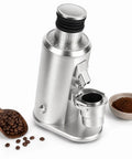 Top Shelf Commercial Espresso Grinder With 80mm Stainless Steel Flat Burrs Adjustable Speed Dial Single Dose Hopper and Portafilter Mount, silver finish.