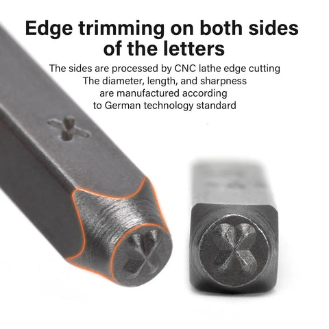 Close-up of Metal Stamping Kit 36 Pc Set With One Eighth Inch Stamped Steel Letter And Number Punches showing precision edges.