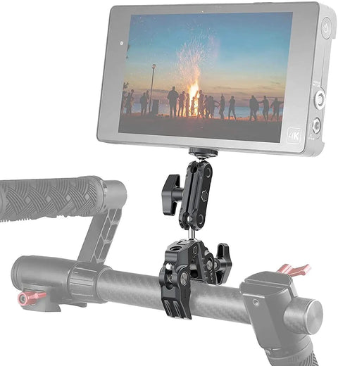 Rock-Solid Pro Grade Camera Clamp Mount with 360 Degree Ballhead, holding a monitor on a rig with double ball head adapter visible
