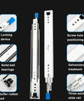 Heavy Duty Ball Bearing Drawer Slides Full Extension Steel Runners With Rubber Guard showcasing locking device and three section slide rail.