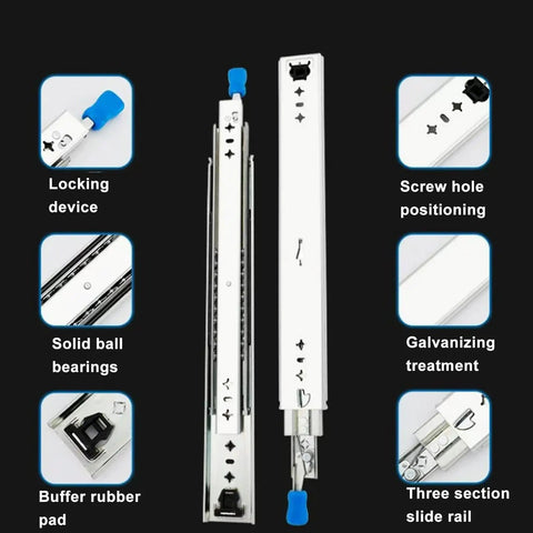 Heavy Duty Ball Bearing Drawer Slides Full Extension Steel Runners With Rubber Guard showcasing locking device and three section slide rail.