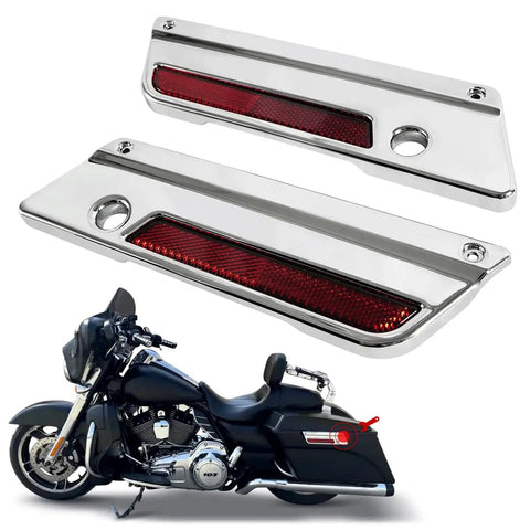 Chrome Saddlebag Latch Kit With Keys And Locks shown with motorcycle, theft deterrent lock covers, fits 1993 to 2013 US stock