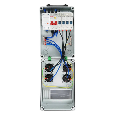 Heavy Duty 110V Power Distribution Box With NEMA 5-20 Outlet, IP54 Weatherproof Electrical Panel with internal wiring view.