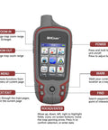 F60 Handheld GPS Navigation Device For Hiking with button labels for zoom, power, menu, and screen features visible.
