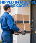 Delivery person carrying two packages to the front door for shipping multiple packages service.