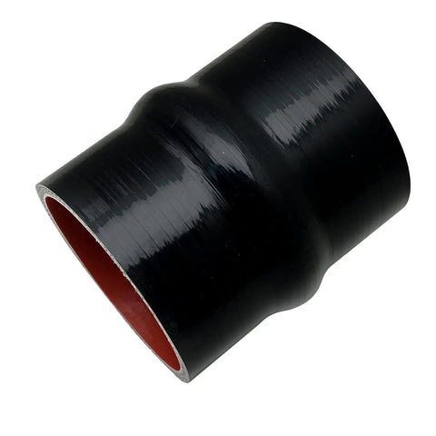 3.0 Inch ID Silicone Hump Hose Coupler With Heavy Duty Clamp Set For Pipes Connecting, 4 Ply Reinforced 5mm Wall, High Temp Performance, 4.0 Inch Length, Durable Industrial Grade Seal For Tough Automotive And Marine Use. Black silicone hump hose coupler shown angled on white background