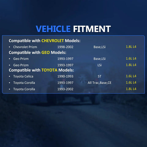 Vehicle fitment chart for Front CV Axle Shaft For Toyota Corolla 1993 To 2002 1.8L Celica ST 1990 To 1993 Manual Geo Prizm 1993 To 1997