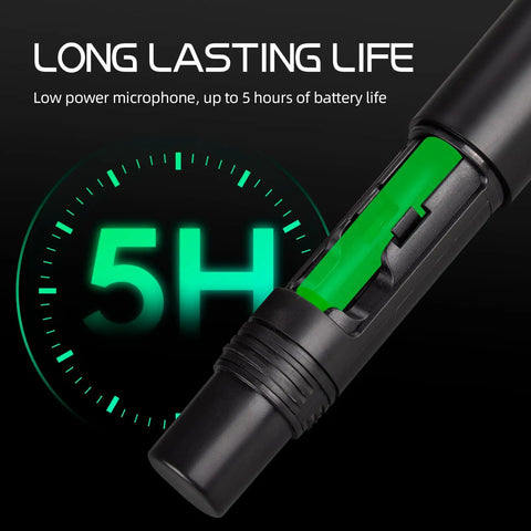 Close-up of VM304 VHF Wireless Microphone System with battery indicator showing 5 hours longevity, highlighting energy efficiency.