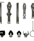 8 piece set of metal and plastic attachments for Professional Grade 10 Piece Heavy Duty Drain Snake Drill Attachment And Auger Tool Kit.