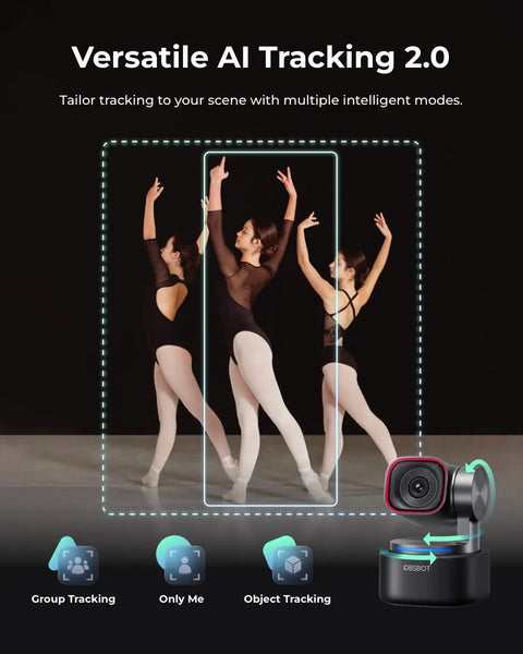 Tiny But Mighty AI Auto Tracking 4K Webcam With Triple Mic Spatial Audio displays versatile AI tracking modes for streaming.