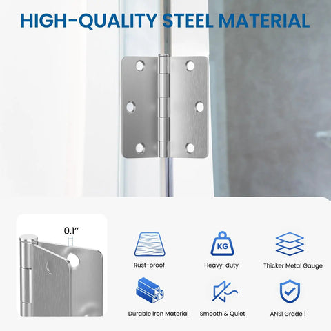 18 Pack Brushed Nickel Door Hinges Three And A Half Inch By Three And A Half Inch Interior Hinge With One Quarter Inch Radius Satin Nickel Finish Built For Steel Residential Doors Fits Bedroom And Standard Doors, showing hinge details and materials.