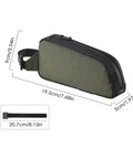 Frame Storage Pouch For Cycling Top Tube Bag And Bikepacking Gear with green design, dimensions and strap detail