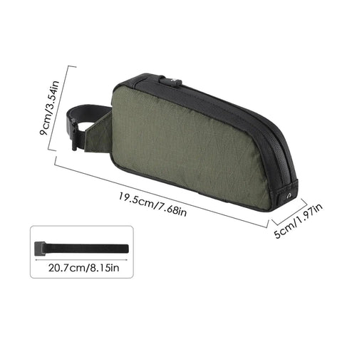 Frame Storage Pouch For Cycling Top Tube Bag And Bikepacking Gear with green design, dimensions and strap detail