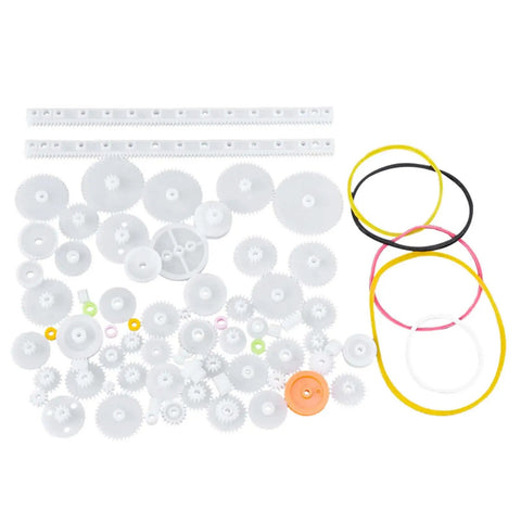 75-Piece Motor Gears Kit With Belt Pulley Shaft Sleeve And Plastic Set for DIY Robot Gearbox Projects, showing gears and pulleys
