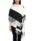 Black And White Piano Grid Long Scarf With Casual Fringe Edge Mega Comfy Winter Shawl Wrap on model, soft material, cozy style.