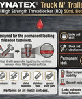 Product label for Dynatex Red High-Strength Threadlocker showing features like anaerobic formula and permanent lock for metal surfaces.