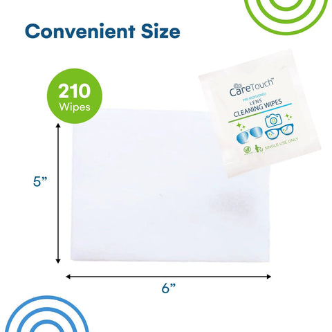 Front view of Care Touch Lens Cleaning Wipes package showing 210 individually wrapped pre-moistened wipes, 5 x 6 inches