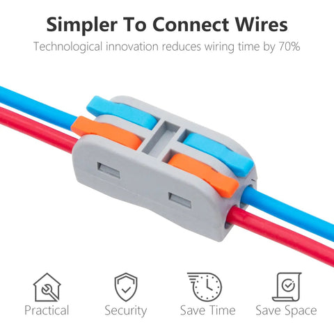 85 Piece Lever Wire Connector Kit 2 In 2 Out Quick Connect Assortment For AWG 24 To 12 Easy Tap In Wiring Grab And Go DIY Electrical Connectors For Fast Home And Shop Projects, featuring a connector with blue and orange levers securing red and blue wires, emphasizing practicality, security, time-saving, and space efficiency