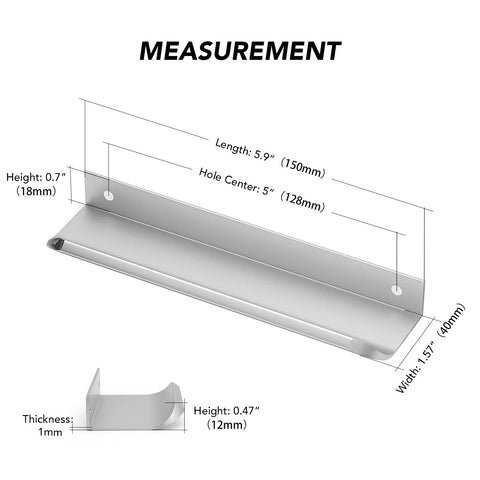 10 Pack Finger Pulls for Cabinets and Drawers 128mm Center Hole 150mm Length Silver Zinc Alloy Edge Pulls Measurement Diagram