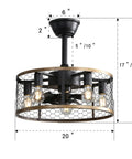 20 Inch Industrial Cage Ceiling Fan with 7 ABS Blades in black with wood trim, featuring wire mesh and light bulbs.